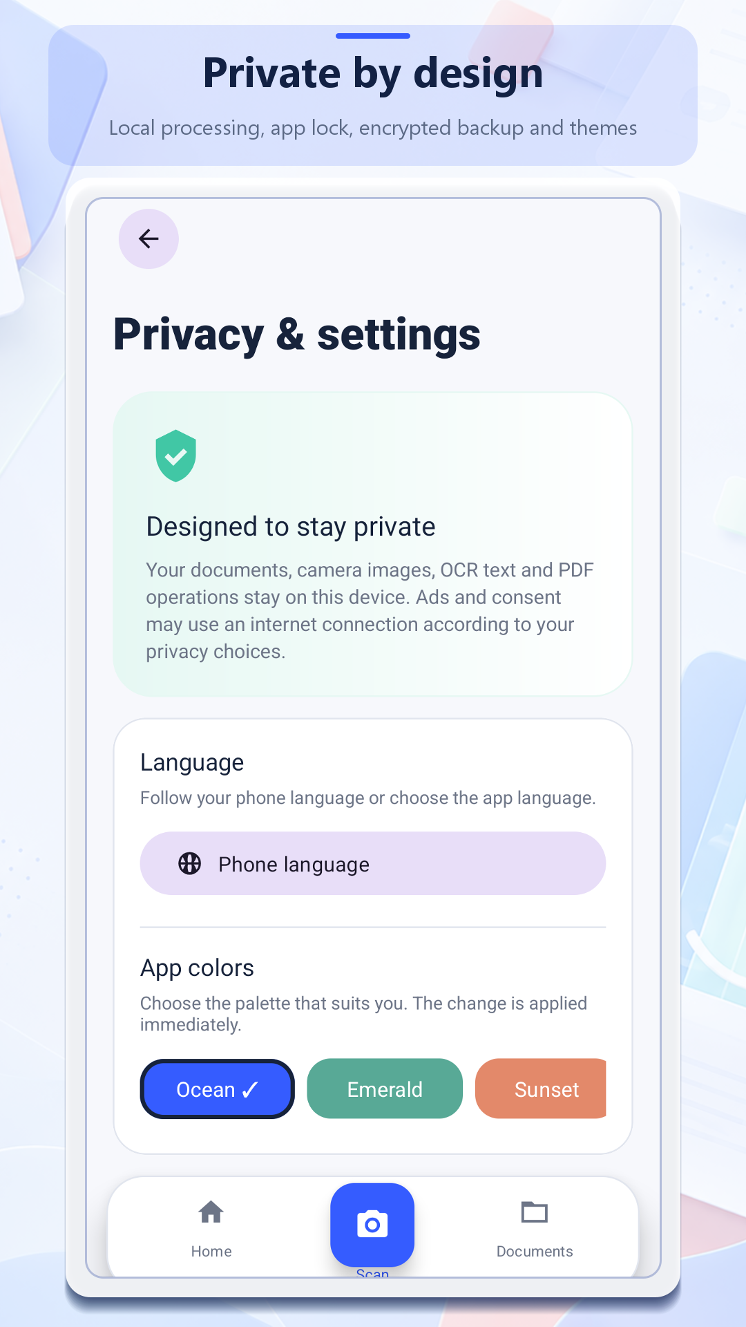 Privacy, language and color settings screen